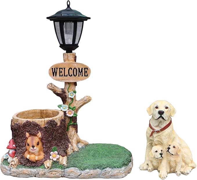 20" Solar Labrador Garden Statue with Welcome Sign & Planter - Large Dog Sculpture with LED Street Lantern - Weatherproof Resin Decorative Flower Pot for Porch, Yard & Patio - Pet Lover Gift