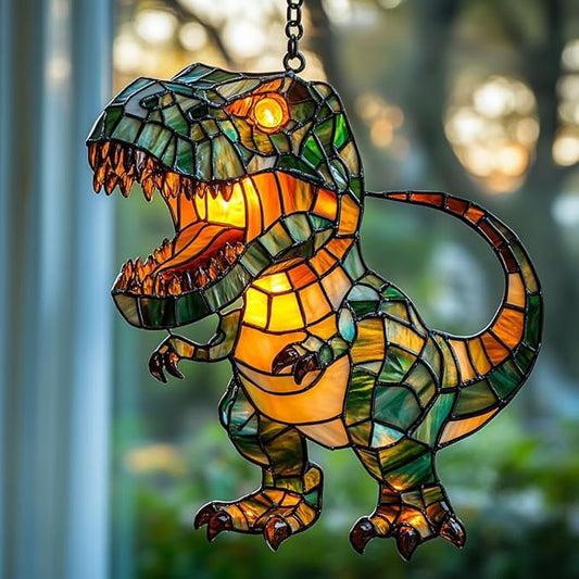 Cute Chibi T-rex Acrylic Suncatcher Stained Glass Effect Window Car Hanging Christmas Ornament Indoor Outdoor Decor Garden Sun Catcher Panel for Dinosaur Lover for Women Mom Grandma