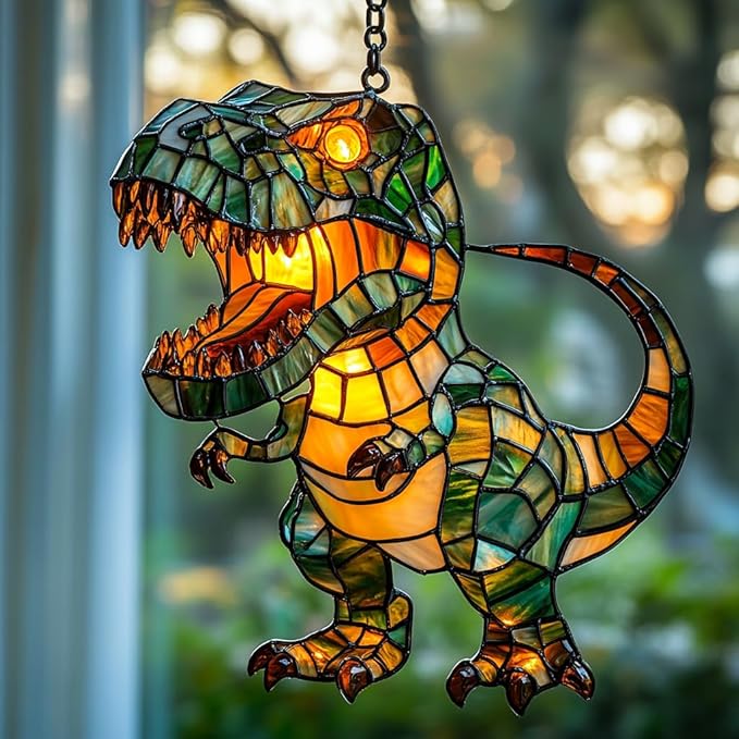 Cute Chibi T-rex Acrylic Suncatcher Stained Glass Effect Window Car Hanging Christmas Ornament Indoor Outdoor Decor Garden Sun Catcher Panel for Dinosaur Lover for Women Mom Grandma