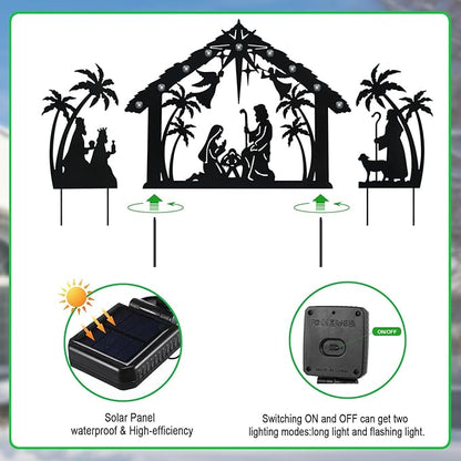 Solar Nativity Scene Outdoor,3Pack Lighted Outdoor Christmas Decorations,Metal Silhouette Nativity Set Outside for Yard Garden Stake