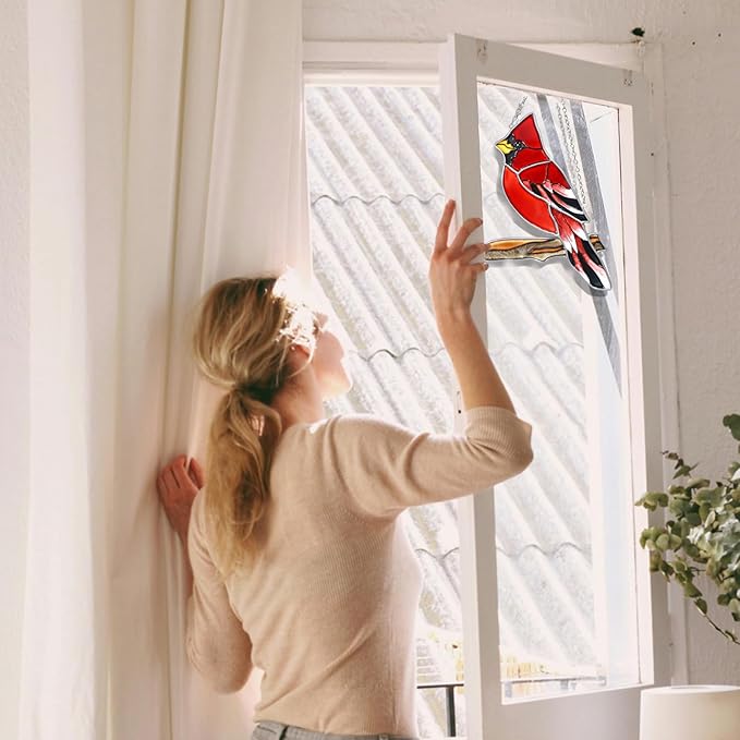 Red Cardinal Decor Stained Glass Bird Window Hanging Suncatcher for Window Decorations Ornament Farmhouse Cardinal Memorial Gifts on Branch for Bird Lovers Mom, Grandma