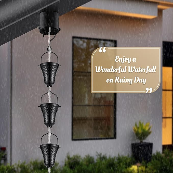 Tfro & Cile Rain Chain Black Gutter Downspout Catcher Outside Water Diverter Decorative Garden Rain Cups Chime Home Decor - 8 1/2 Feet Long