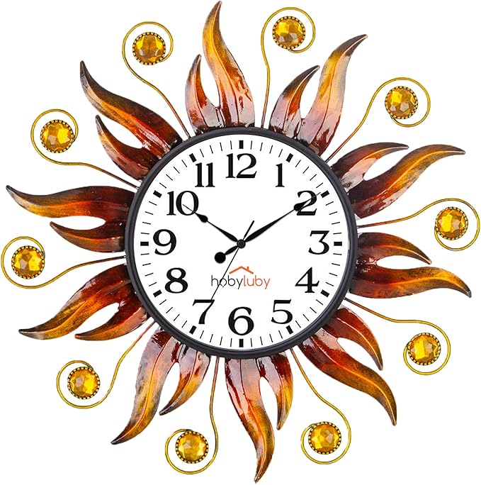 Outdoor Clock Silent Non-Ticking, 13" Sun Outdoor Wall Clock for Patio, Living Room, Home Decor（Orange）
