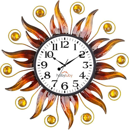 Outdoor Clock Silent Non-Ticking, 13" Sun Outdoor Wall Clock for Patio, Living Room, Home Decor（Orange）
