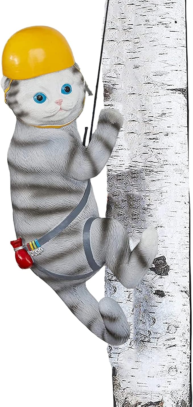 Climbing Cat Figurine Garden Wall & Tree Decor Statues, Animal Backyard Accessories, Hang on Wall, Yard Art Cat Gifts Figure Indoor and Outdoor Lawn Squirrel with Helmet Funny Decoration 12" Statue