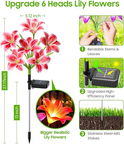 LETMY Solar Garden Lights, 4 Pack Solar Flower Lights with 6 Head Bigger Lily Lights, IP65 Waterproof Solar Lights Outdoor, Decorative Lights for Garden, Patio, Yard, Flower Bed