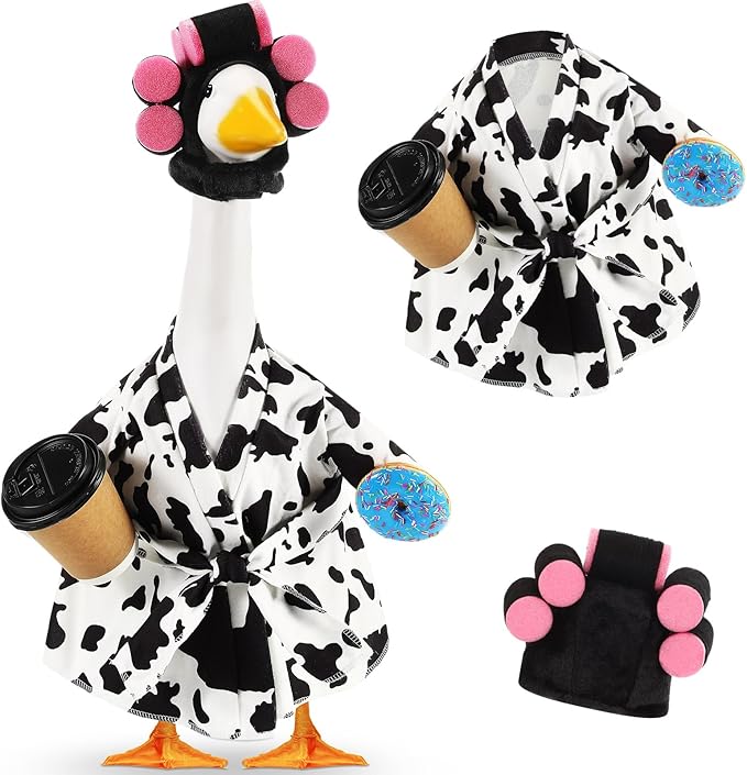 Shyyween Lady Porch Goose Outfit for 23'' Cement Plastic Lawn Goose Statue Clothes Cow Pattern Bathrobe Coffee Cup Curlers for Outdoor Garden Yard Patio Decoration