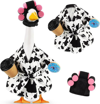 Shyyween Lady Porch Goose Outfit for 23'' Cement Plastic Lawn Goose Statue Clothes Cow Pattern Bathrobe Coffee Cup Curlers for Outdoor Garden Yard Patio Decoration