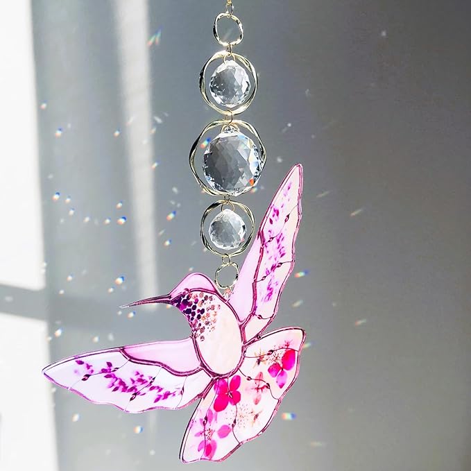 Pink Acrylic Hummingbird Flowers Garden Suncatcher Christmas Tree Home Decor Window Hanging Ornaments Crystal Prism Rainbow Maker Sun Catcher Appreciation Gifts for Mom Grandma Sister