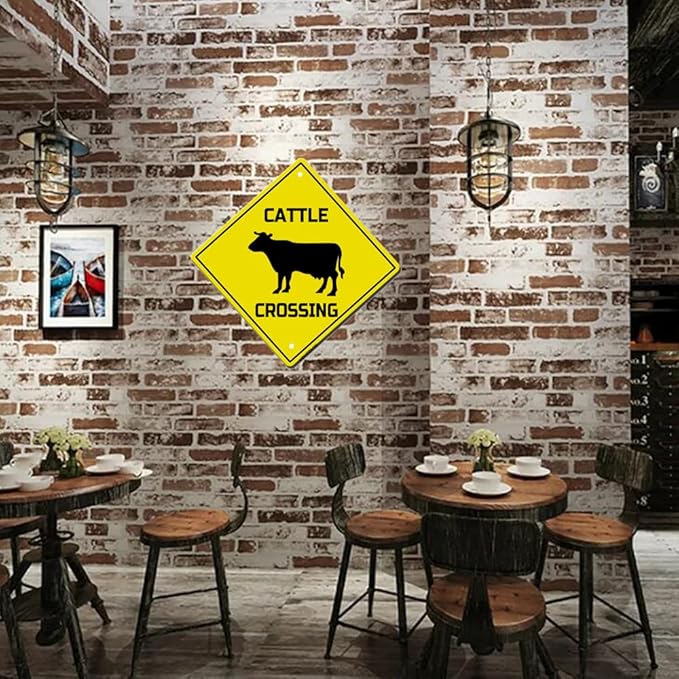 Cattle Crossing Sign Funny Novelty Metal Tin Sign for Bar Club Country Home Coffee Shop Indoor& Outdoor Decor Yellow Street Sign 12X12inch