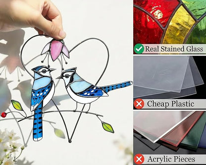 Blue Jay (1 Pair) Stained Glass Birds Suncatcher for Mom, Grandma, Women - Real Glass Window Hanging Ornament - Handmade Bird Lover Home Decor (Gifts Ready Packaging)