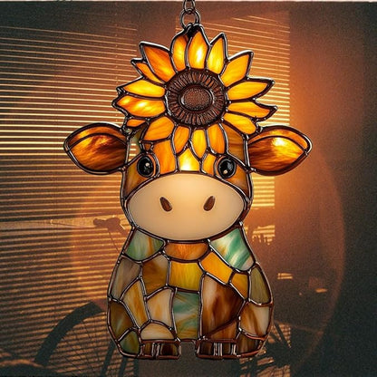Mosaic Cow and Sunflowers Lover Acrylic Suncatcher Stained Glass Effect Window Car Hanging Christmas Ornament Indoor Outdoor Decor Garden Sun Catcher Panel for Cow Lover for Women Mom Grandma