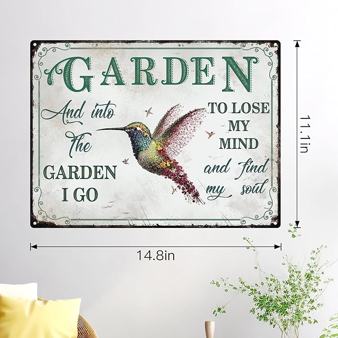 Bnesi Garden Signs for Outside Rustic Garden Home Outdoor Sign Decor Gift for Mothers Day, Grandmas Humming Bird Outside Sign Decoration Welcome Sign Patio Signs and Decor Outdoor (Green, Plant)