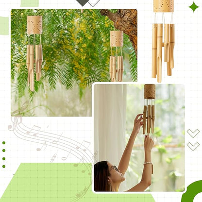 Bamboo Wind Chimes with Solar Accent Light, Outdoor Wooden Wind Chimes 6 Bamboo Tubes, Deep Tone, Hanging Solar Windchimes for Patio Garden Yard Porch Balcony Decor, 35 x 3.5 Inches