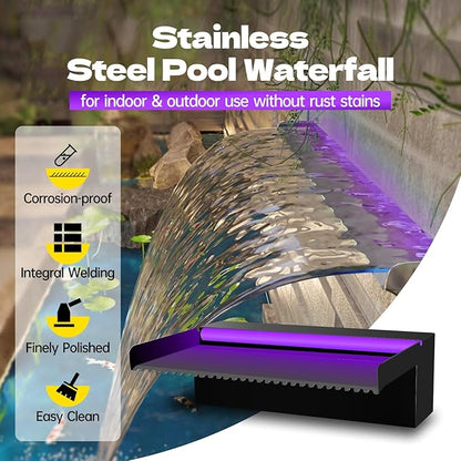 Pamopamo Pool Waterfall Spillway Stainless Steel Pond Fountain, APP Control Colorful LED Lighted Outdoor Black Fountains, Water Flow Spillways Kit for Koi Pond, Swimming Pool, Garden-11.8"x7.8"x3.9"