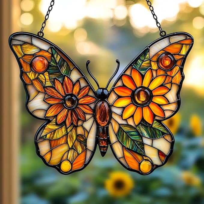 Sunflower of Hope Monarch Acrylic Suncatcher Stained Glass Effect Window Car Hanging Christmas Ornament Indoor Outdoor Decor Garden Sun Catcher Panel for Butterfly Lover for Women Mom Grandma
