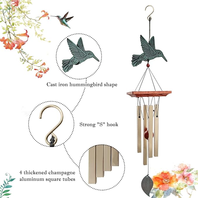 ASTARIN Hummingbird Wind Chimes Outdoor, Soothing Melody Wind Chimes with 4 Aluminum Tubes, Memorial Wind Chimes for Outside Unique Sympathy Gifts for Home Garden Patio Outdoor Decoration