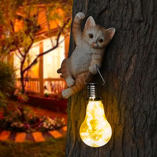 Tree Solar Light Outdoor Garden Decor Hanging Cat Figurines Animals Porch Yard Outside Decoration Kitten Statues Decorative Wall Window Fence Lighting Bulb LED
