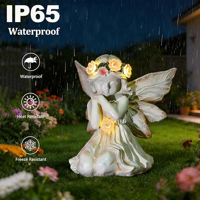 VEEKI Solar Angel Garden Statue Outdoor, Praying Angel Statues Solar Figurine Lights Outdoor Waterproof, Resin Angel Sculpture for Garden Yard Lawn Grave Cemetery Decor, Gift for Mom Grandma Women