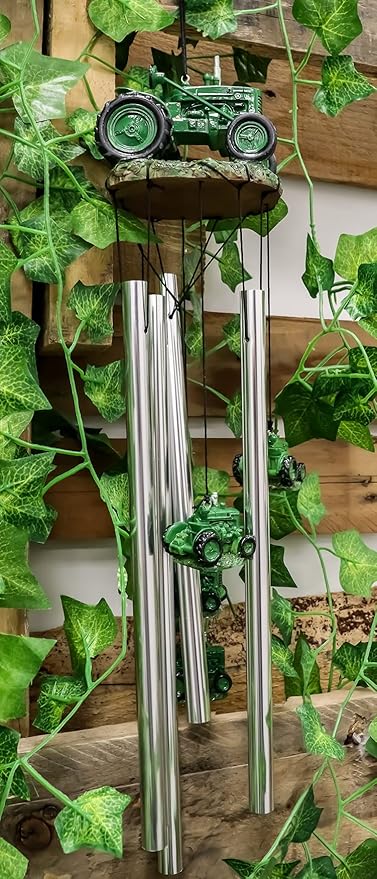 Ebros Gift Old Fashioned Vintage Country Agricultural Farm Green Tractor Model Resonant Relaxing Wind Chime Patio Garden Accent of Rustic Countryside Farming Cottage Theme