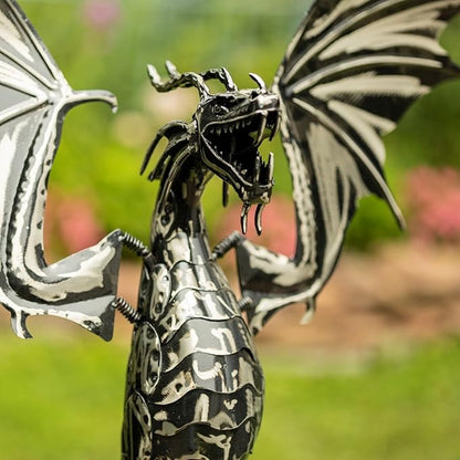 Zaer Ltd. Metal Dragon Rocking Garden Stake, Kinetic Wind Decor, Metallic Black Finish, Moving Wings (Tail Down Moonfyre)