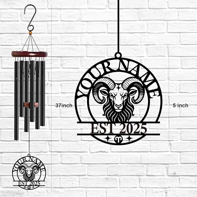 Personalized Customize Name 12 Zodiac Signs Wind Chime, Metal Iron 37 Inch Outdoor Memorial Gift for Garden Yard Patio Home Decor, Black (Aries)
