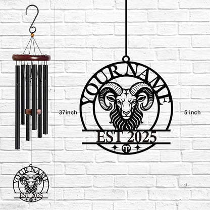 Personalized Customize Name 12 Zodiac Signs Wind Chime, Metal Iron 37 Inch Outdoor Memorial Gift for Garden Yard Patio Home Decor, Black (Aries)