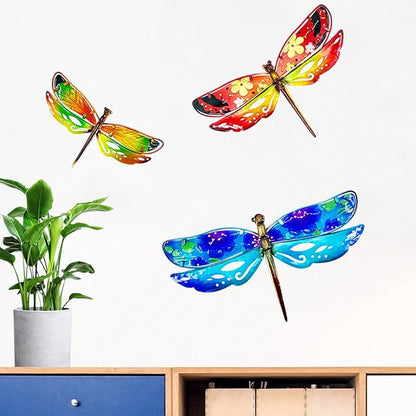 John's Studio Dragonfly Wall Decor Outdoor Metal Garden Hanging Art Glass Sculptures Home Insect Theme Decorations for Living Room, Bedroom Yard, Fence and Patio - 3 PCS