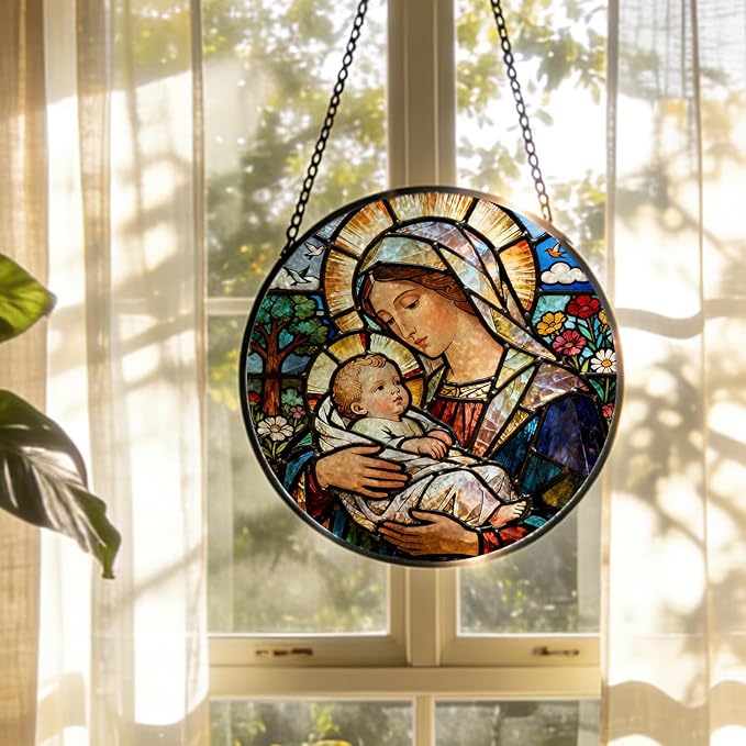 Christian Virgin Mary Baby Jesus Stained Glass Window Hanging, Religious Jesus Suncatcher Indoor Window Glass Round Wall Art Decor, 7.9x7.9 Inch