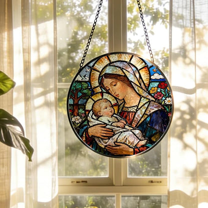 Christian Virgin Mary Baby Jesus Stained Glass Window Hanging, Religious Jesus Suncatcher Indoor Window Glass Round Wall Art Decor, 7.9x7.9 Inch