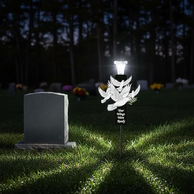Solar White Dove Memorial Stake - Your Wings were Ready - Waterproof Metal Grave Markers - Cemetery Sympathy Gift with Olive Branch(White Doves)
