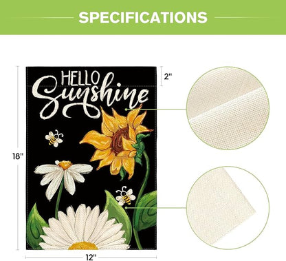AVOIN colorlife Daisy Sunflower Hello Sunshine Garden Flag 12x18 Inch Double Sided, Summer Seasonal Holiday Burlap Yard Outdoor Decoration Black