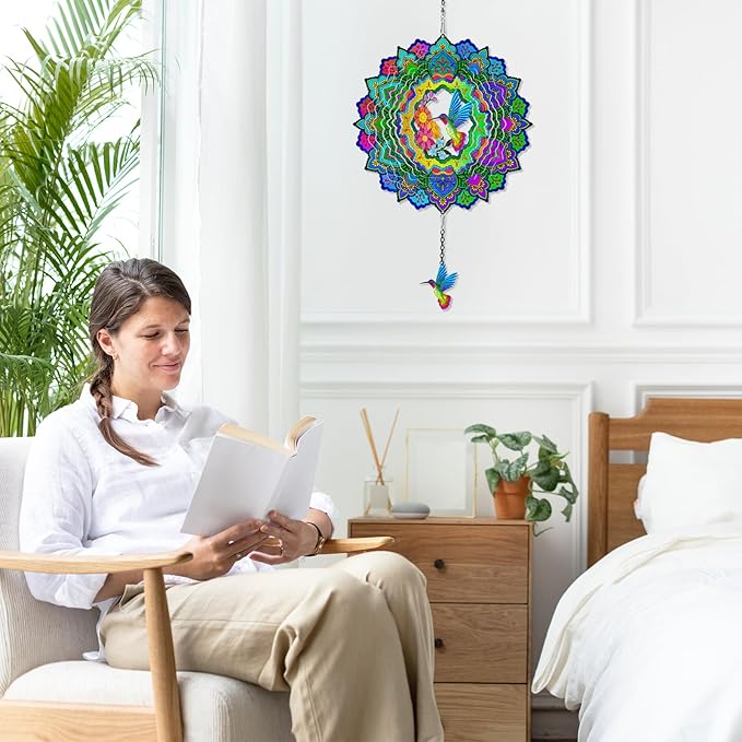 Hummingbird Wind Spinners, 12In Hanging Wind Spinner for Women Mom Grandma, 3D Stainless Steel Laser Cut Wind Sculptures Catcher for Window Outdoor Garden Yard Decor(Colorful)