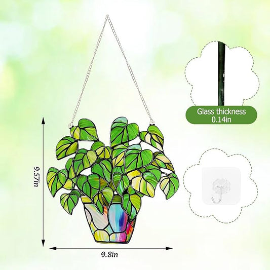 Stained Glass Plant Suncatcher Window Hanging, Marzovitra 10 Inch Real Glass Potted Green Leaves Sun Catcher with Chain Botanical Sun Catcher Window Decor for Home Garden, Plant Lover Gift