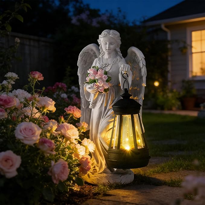 VEEKI Solar Angel Statue Outdoor, Garden Statue Angel Figurine Lights Outdoor Waterproof, Resin Angel Sculpture for Garden Yard Lawn Grave Cemetery Decor, Gift for Mom Grandma Women