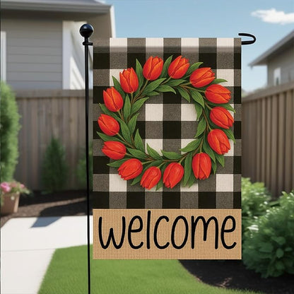 Buffalo Plaid Welcome Wreath Garden Flag 12x 18 Inch Double Sided Tulip Flower Flag Spring Outdoor Fall Autumn Farmhouse Outdoor Small Decor for Porch Lawn Patio Yard