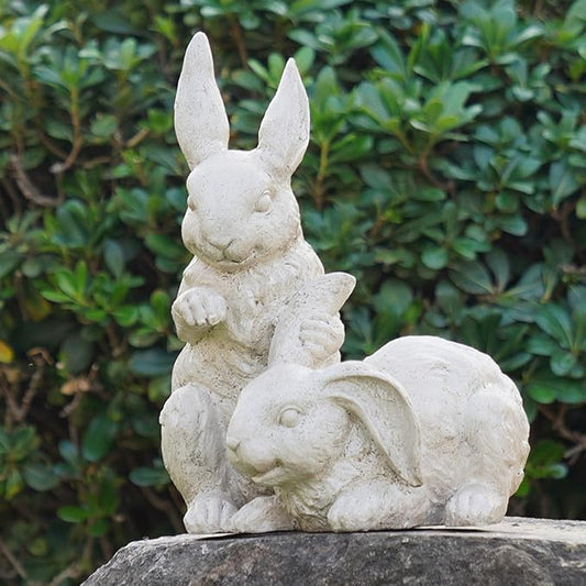 Garden-Statues - Easter Bunny Decor - Rabbit Figurine - Collectible Figurine - Spring 2 Nestled Bunny Sulpture Cream Rabbit for Easter Yard Framhouse Outdoor Décor 9*8.25*11.5 inch Newman House Studio