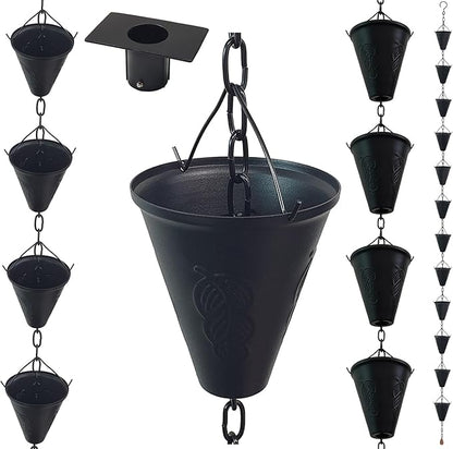 8.5FT Cone Iron Rain Chains for Gutter and Rain Barrel, Rust-Resistant Plated Garden Décor Rain Chain for Downspout, Bonus Rain Chain Gutter Adapter (Black)
