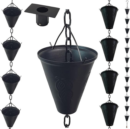8.5FT Cone Iron Rain Chains for Gutter and Rain Barrel, Rust-Resistant Plated Garden Décor Rain Chain for Downspout, Bonus Rain Chain Gutter Adapter (Black)