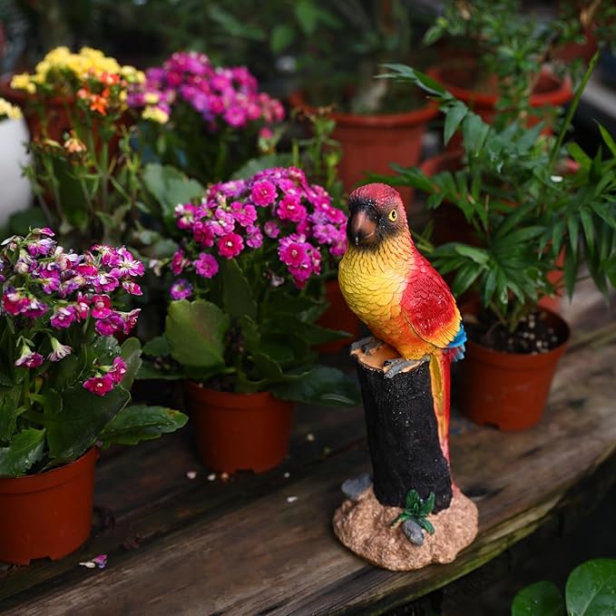 Macaw Parrot Garden Statue, 10.6" Hand-Painted Tropical Bird Figurine, Decorative Art Deco Accent for Patio and Home, Lifelike Design (Red)