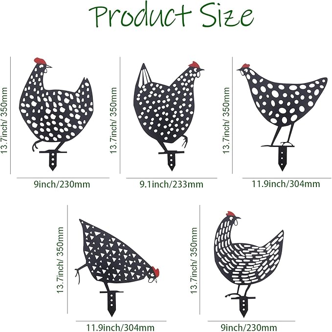 AOZITA 5 PCS 13 inch Metal Chicken Yard Art Garden Decorative Stake Hollow Out Rooster Animals Silhouette Statue Decor, Pathway, Floor, Garden, Lawn, Outdoor Decoration