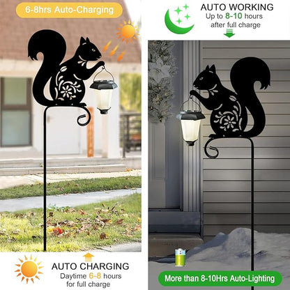 Metal Squirrel Garden Stake, Solar Lights Outdoor Solar-Powered with Lantern-Outdoor Waterproof Pathway and Garden Decorations (Black Squirrel)