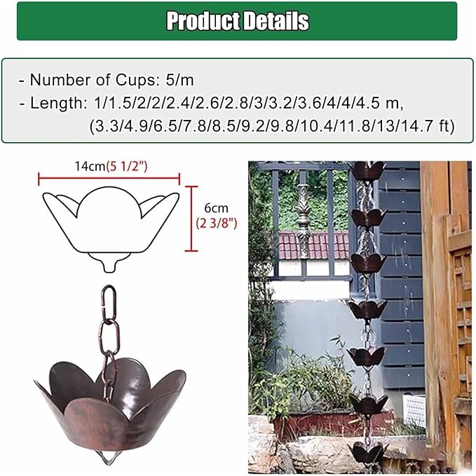Rain Chains,Rain Catcher Chain, Rain Catcher Chain Copper, Aluminum Rain Chains for Gutters, Outside Water Diverter Rain Guide Chain,15m/49ft