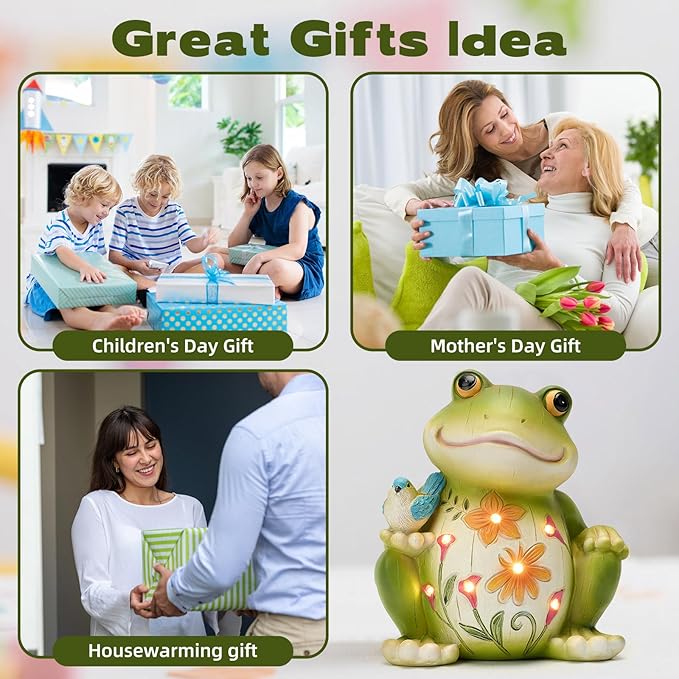 Solar Garden Frog Decor Outdoor Statue - Frog with LED Waterproof Sculptures Lights, Cute Pond/Yard Statues Outside Decoration, Home, Lawn, Patio, Resin Animal Ornament, Women/Gardening Gift