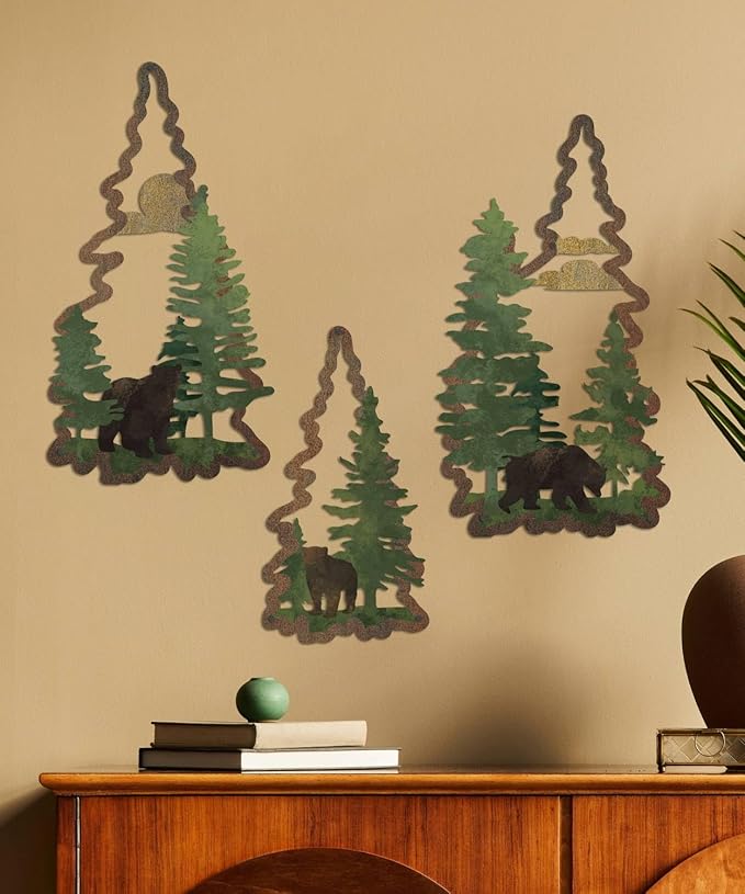 Putuo Decor 3PCS Bear Pine Tree Wall Decor, Woodland Wildlife Wall Art Forest Poster Tree Wall Decoration Artwork for Living Room Bedroom Bathroom Cabin Home Decorations