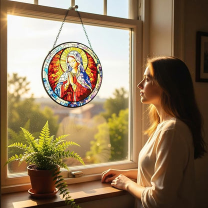 Stained Glass Window Hanging - Virgin Mary Suncatcher, The Holy Mother Mary Sun Catchers Decor for Window Hanging, Catholic Gifts for Christian Women Men Mom Wife Religious Faith 7.8in