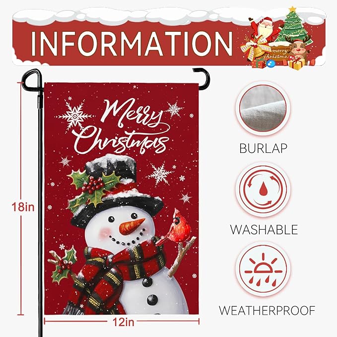 Snowman Merry Christmas Garden Flag Winter Yard Flags Red Xmas Snowman Garden Outdoor Decorations for Outside Small Xmas Flag Double Sided 12 x 18