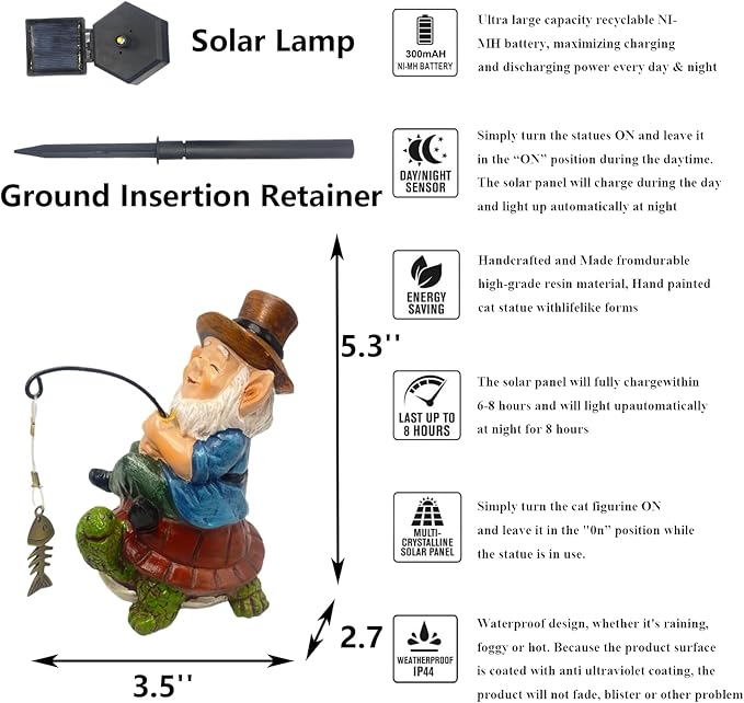 Garden Gnome Solar LED Turtle Fishing Pond Statue Decoration, Outdoor Koi Pond Waterfall Lawn Decor, 5.3" Poolside Statue with Ground Insertion