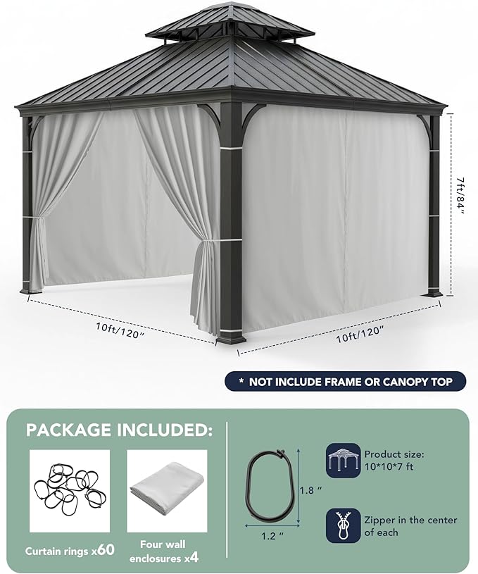 Outdoor Curtains Patio Waterproof - 10'Wx10'Lx7'H Weatherproof Pergola Outside Curtains, Gazebo Universal Replacement Privacy Curtains, 4 Panels Sidewall Drapes with Zipper, Silver