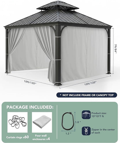 Outdoor Curtains Patio Waterproof - 10'Wx10'Lx7.9'H Gazebo Universal Replacement Privacy Curtains, 4 Panels Outside Sidewall Drapes with Zipper for Pergola Garden Backyard, Silver